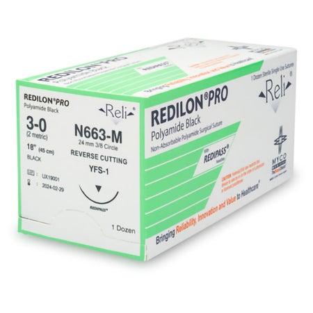 Nonabsorbable Suture with Needle Reli® Redilon™ Nylon MFS-1 3/8 Circle Reverse Cutting Needle Size 3-0 Monofilament