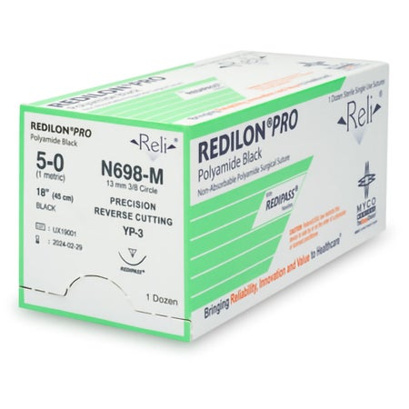 Nonabsorbable Suture with Needle Reli® Redilon™ Nylon MP-3 3/8 Circle Precision Reverse Cutting Needle Size 4-0 Monofilament
