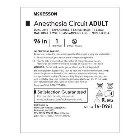 Anesthesia Breathing Circuit McKesson Expandable Tube 96 Inch Tube Dual Limb Adult 3 Liter Bag Single Patient Use