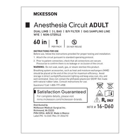 Anesthesia Breathing Circuit McKesson Expandable Tube 60 Inch Tube Dual Limb Adult 3 Liter Bag Single Patient Use