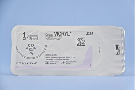 Absorbable Suture with Needle Coated Vicryl™ Polyglactin 910 CTX 1/2 Circle Taper Point Needle Size 1 Braided