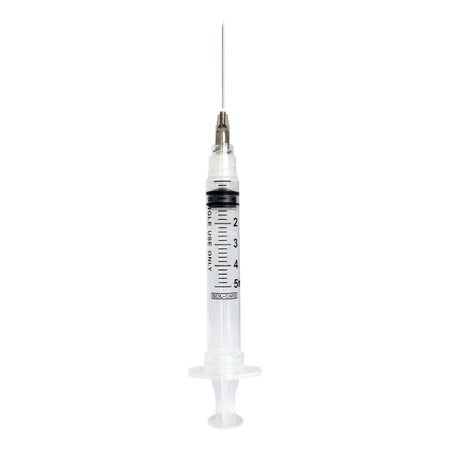 Safety Hypodermic Syringe with Needle Sol-Care™ 5 mL 1-1/2 Inch 22 Gauge Retractable Safety Needle Regular Wall