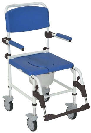 3-in-1 Commode / Shower Chair drive™ Padded Flip-Back Arms Aluminum Frame Padded Backrest 18 Inch Seat Width 275 lbs. Weight Capacity