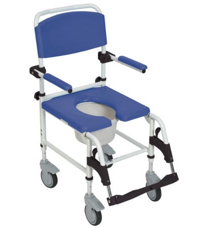 3-in-1 Commode / Shower Chair drive™ Padded Flip-Back Arms Aluminum Frame Padded Backrest 18 Inch Seat Width 275 lbs. Weight Capacity