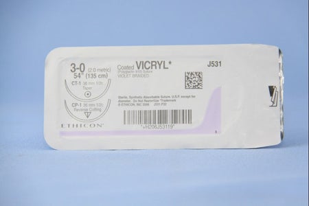 Absorbable Suture with Needle Coated Vicryl™ Polyglactin 910 CT-1 1/2 Circle Taper Point Needle Size 3-0 Braided
