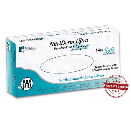 Exam Glove NitriDerm® Ultra Blue 2X-Large NonSterile Nitrile Standard Cuff Length Fully Textured Light Blue Chemo Tested / Fentanyl Tested