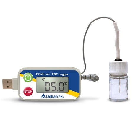 Vaccine Temperature Data Logger with Alarm Flashlink® PDF Logger Fahrenheit / Celsius -58° to +104°F (-50° to +40°C) Glycol Bottle Probe Battery Operated