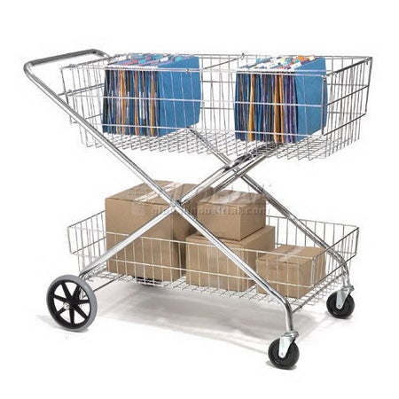 Wire Utility Basket Mail Cart Powder Coated Steel Frame 22 X 35 X 44 Inch Chrome 11 X 16 X 36 Inch Upper Basket, 7 X 15-3/4 X 35 Inch Lower Basket