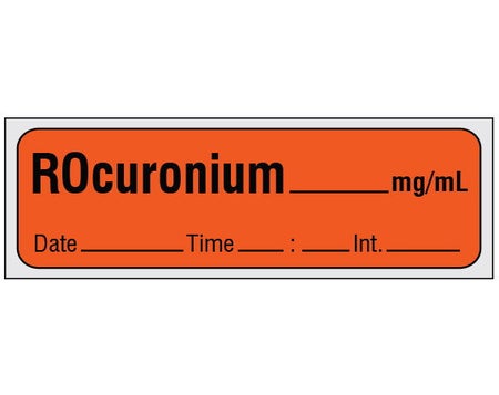 Drug Label Shamrock Syringe Label Rocuronium_mg/mL Date_Time_Int_ Fluorescent Red 1/2 X 1 Inch