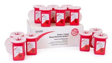Mailback Sharps Container TakeAway® Recovery System Red Base 4-1/2 L X 4-1/2 W X 7 H Inch Vertical Entry 0.25 Gallon