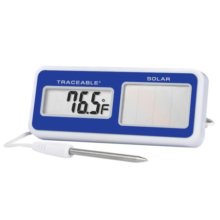 Solar Powered Thermometer Traceable® Fahrenheit / Celsius -58° to +140°F (-50° to +60°C) Stainless Steel Probe Solar Power / Battery Backup