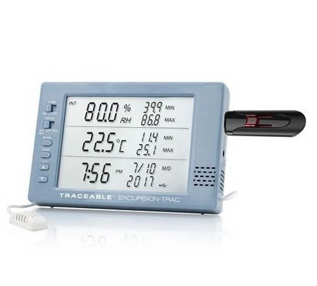 Hygrometer / Temperature Data Logger with Alarm Traceable® Excursion-Trac™ Fahrenheit / Celsius 32° to 145°F (0 to 65°C) Internal Sensor Multiple Mounting Options Battery Operated