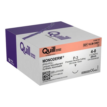 Absorbable Quill Barbed Suture with Needle Quill™ Monoderm™ Polyglycolic Acid / PCL P-3 3/8 Circle Reverse Cutting Needle Size 4-0 Barbed Monofilament