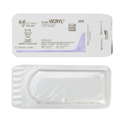Absorbable Suture with Needle Coated Vicryl™ Polyglactin 910 S-14 1/4 Circle Spatula Needle Size 6-0 Braided