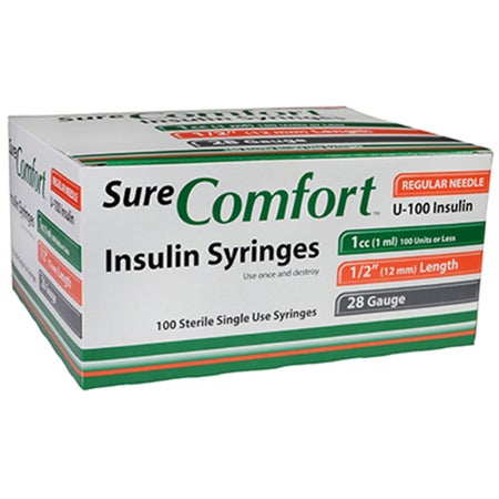 Standard Insulin Syringe with Needle Surecomfort® 1 mL 1/2 Inch 28 Gauge NonSafety Regular Wall