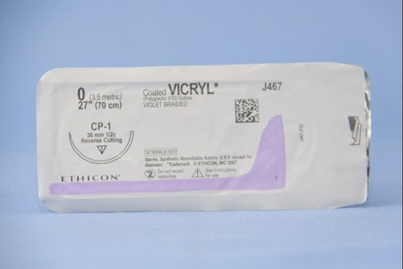 Absorbable Suture with Needle Coated Vicryl™ Polyglactin 910 CP-1 1/2 Circle Reverse Cutting Needle Size 0 Braided