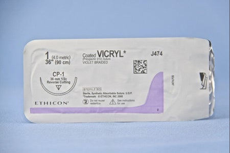 Absorbable Suture with Needle Coated Vicryl™ Polyglactin 910 CP-1 1/2 Circle Reverse Cutting Needle Size 1 Braided
