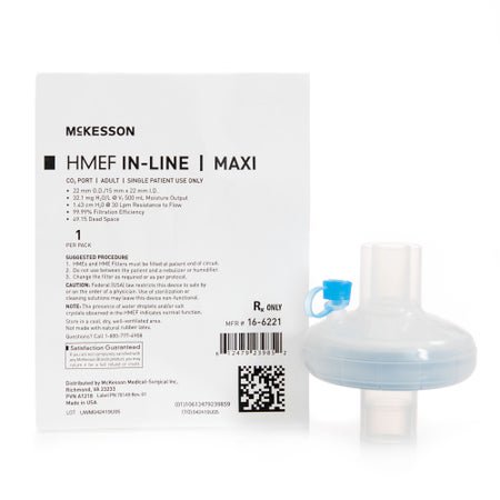 Heat and Moisture Exchanger with Filter McKesson 32.1 mg H₂O/L @ VT 500 mL 1.43 cm H₂O @ 30 LPM Straight