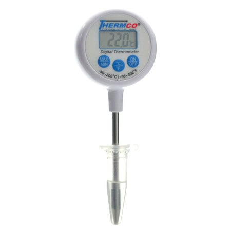 Digital Block Heater Thermometer Thermco® Fahrenheit / Celsius -58° to +158°F (-50° to +70°C) Bottle Probe Door / Wall Mount Battery Operated