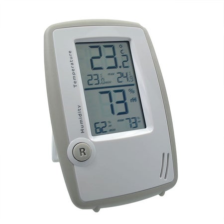 Digital Thermometer / Hygrometer Thermco® Fahrenheit / Celsius 14° to 158° F (-10° to 70° C) Internal Sensor Flip-out Stand / Hanging Battery Operated