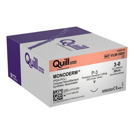 Absorbable Quill Barbed Suture with Needle Quill™ Monoderm™ Polyglycolic Acid / PCL P-3 3/8 Circle Reverse Cutting Needle Size 3-0 Barbed Monofilament