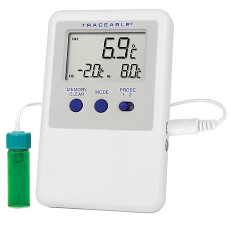Digital Refrigerator / Freezer Thermometer Traceable® Refrigerator/Freezer Ultra™ Fahrenheit / Celsius -58° to +158°F (-50° to +70°C) Vaccine Bottle Probe Multiple Mounting Options Battery Operated