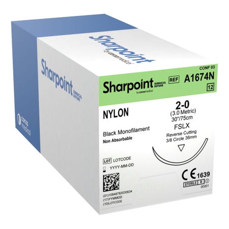 Nonabsorbable Suture with Needle Surgical Specialties™ Nylon PS-2 3/8 Circle Precision Reverse Cutting Needle Size 2-0 Monofilament