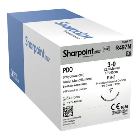 Absorbable Suture with Needle Sharpoint® Polydioxanone PS-2 3/8 Circle Precision Reverse Cutting Needle Size 3-0 Monofilament