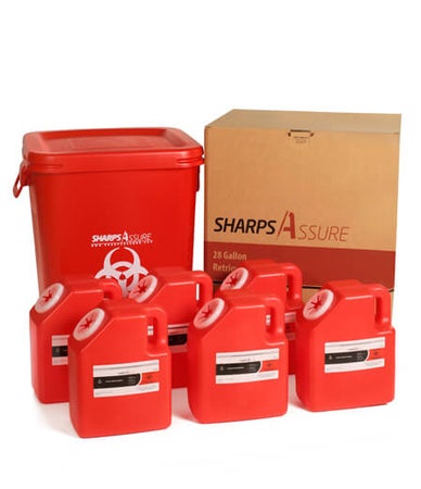 Mailback Sharps Container Sharps Assure Red Base 18.9 L X 18.9 W X 22.9 H Inch / 9 L X 5.5 W X 11.4 H Inch Horizontal / Vertical Entry 2 Gallon