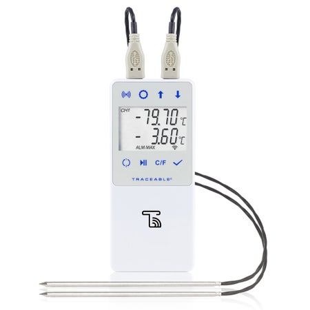 Ultra-Low Temperature Data Logger with Alarm TraceableLIVE® Fahrenheit / Celsius -130° to +221°F (-90° to +105°C) 2 Stainless Steel Probes Multiple Mounting Options Battery Operated