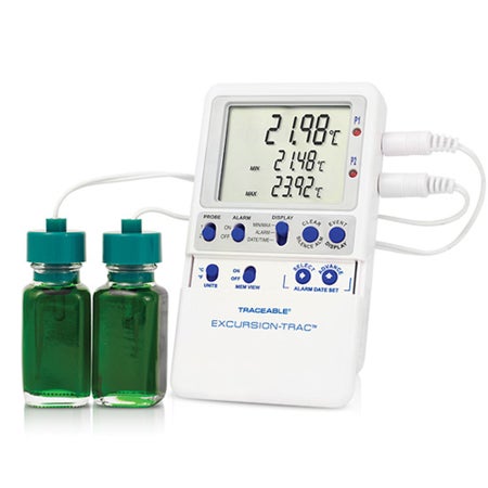 Datalogging Refrigerator / Freezer Thermometer with Alarm Traceable® Excursion-Trac™ Fahrenheit / Celsius -58° to +158°F (-50° to +70°C) 2 Glycol Bottle Probes Multiple Mounting Options Battery Operated