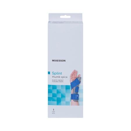 Wrist Brace with Thumb Spica McKesson Palmar Pad Aluminium / Foam / Nylon / Plastic / Polyester Left Hand Blue / Gray Large / X-Large