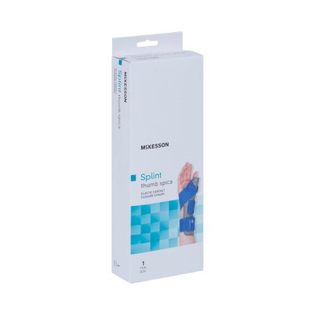 Wrist Brace with Thumb Spica McKesson Palmar Pad Aluminium / Foam / Nylon / Plastic / Polyester Left Hand Blue / Gray Large / X-Large