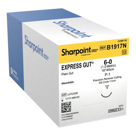 Absorbable Suture with Needle Surgical Specialties™ Plain Gut P-1 3/8 Circle Precision Reverse Cutting Needle Size 6-0 Monofilament