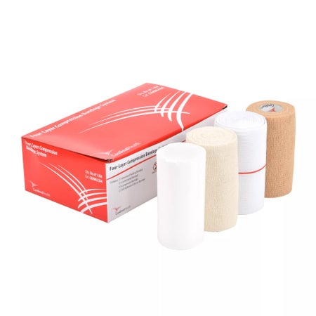 4 Layer Compression Bandage System Cardinal Health™ 10 cm X 3.5 Meter, 10 cm X 2.9 Meter, 10 cm X 2.5 Meter Self-adherent Closure Tan / White NonSterile Standard Compression