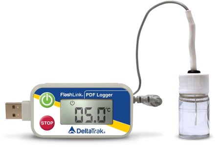 Vaccine Temperature Data Logger with Alarm Flashlink® PDF Logger Celsius -58° to +104°F (-50° to +40°C) Glycol Bottle Probe Magnet Battery Operated
