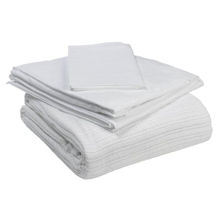 Bed Sheet Set drive™ Bedding in a Box Flat Sheet / Fitted Sheet / Pillowcase / Blanket 21 X 30 Inch Case / 36 X 80 X 5 to 6 Inch Fitted / 36 X 80 Inch Sheet / 36 X 80 Inch Blanket White Cotton Polyester Sheets / 100% Cotton Blanket Reusable
