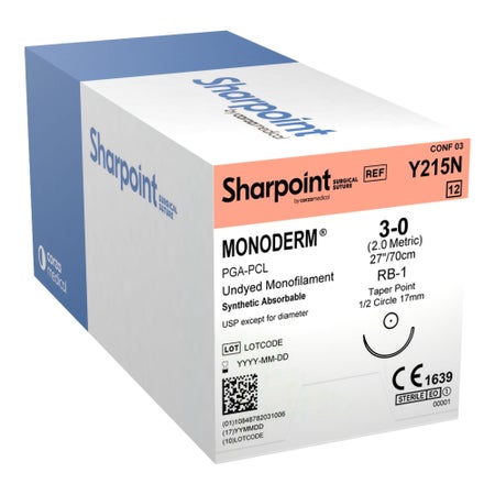 Absorbable Suture with Needle Monoderm® Polyglycolic Acid / PCL RB-1 1/2 Circle Taper Point Needle Size 3-0 Monofilament