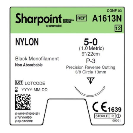 Nonabsorbable Suture with Needle Sharpoint® Polyamide P-4 3/8 Circle Precision Reverse Cutting Needle Size 5-0 Monofilament