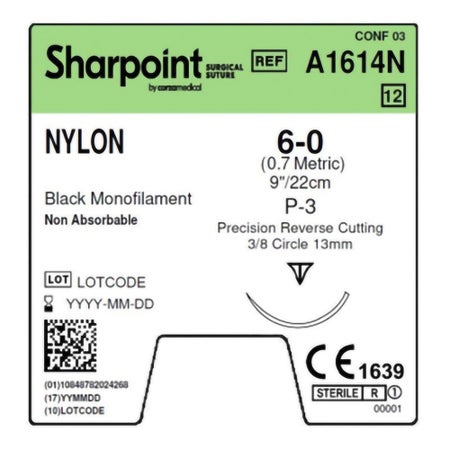 Nonabsorbable Suture with Needle Sharpoint® Polyamide P-5 3/8 Circle Precision Reverse Cutting Needle Size 6 Monofilament