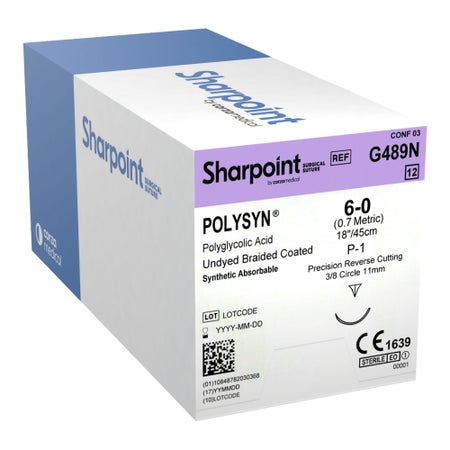 Absorbable Suture with Needle PolySyn™ Polyglycolic Acid P-1 3/8 Circle Precision Reverse Cutting Needle Size 6-0 Braided