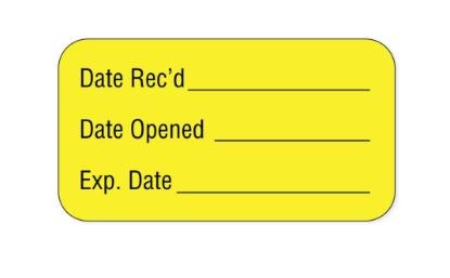 Pre-Printed Label pdc® Auxiliary Label Yellow Permanent Paper Date Rec__Date Open___Exp Date___ Black Quality Control Label 7/8 X 1-5/8 Inch