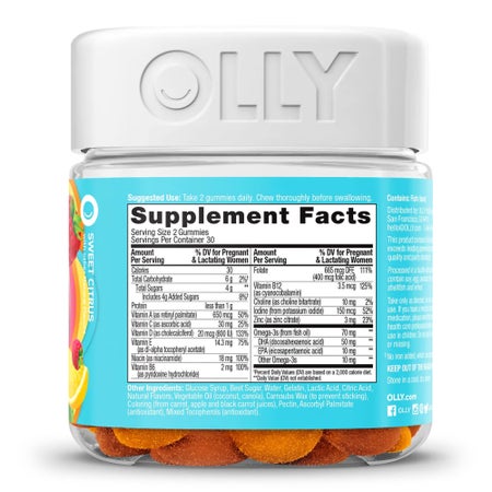 Prenatal Vitamin Supplement OLLY® Essential Prenatal Multi MultiVitamins With Folic Acid / DHA 400 mcg - 50 mg Strength Gummy 60 per Bottle Sweet Citrus Flavor