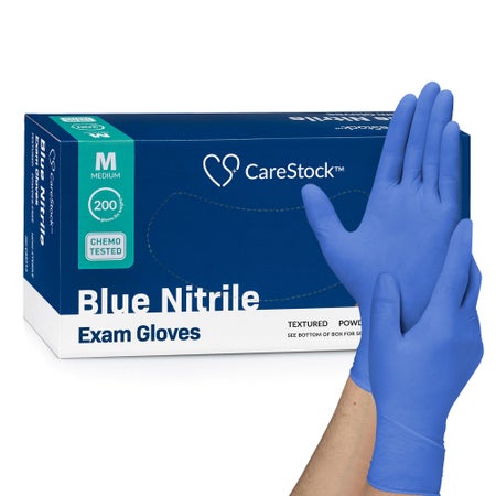 Exam Glove CareStock™ Medium 200 per Box NonSterile Nitrile Standard Cuff Length Textured Fingertips Blue Chemo Tested