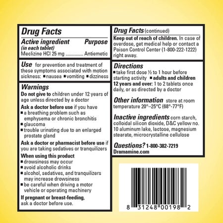 Nausea Relief Dramamine® Motion Sickness All Day Less Drowsy 25 mg Strength Tablet 8 Per Box