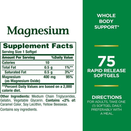Dietary Supplement Nature's Bounty® Magnesium 400 mg Strength Softgel 75 per Bottle