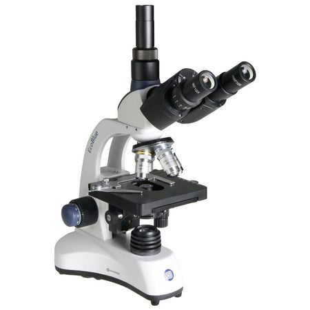 EcoBlue Teaching Microscope Trinocular Head 4X / 10X / 40X / 100X (Oil) Rechargeable Batteries, External Charger / Adapter X-Y Mechanical Stage