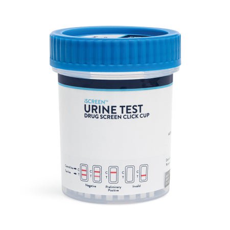 Drugs of Abuse Test Kit iScreen™ Round Click Cup AMP1000, BAR300, BUP10, BZO300, COC300, EDDP300, mAMP/MET1000, MDMA500, MOP300, MTD300, OXY100, PCP25, TCA1000, THC50, (pH, OX, SG) 25 Tests CLIA Waived
