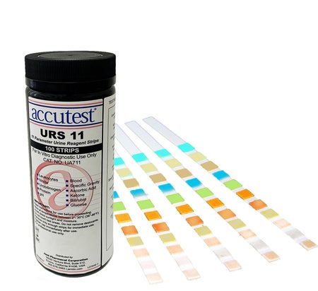 Urinalysis Reagent Accutest® URS Series Ascorbic Acid, Bilirubin, Blood, Glucose, Ketone, Leukocytes, Nitrite, pH, protein, Urobilinogen, Specific Gravity CLIA Waived For Visual Reading 100 Tests