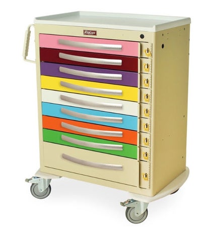 Medication Cart A-Series Aluminum Frame 22 X 36-3/4 X 43-3/4 Inch Multicolor Eight 3%XE2%X80? (7.6 cm) drawers and one 6%XE2%X80? (15.2 cm) drawer